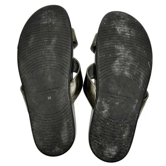 Manolo Blahnik Chilanghi Satin Jewel Buckle Flat Mules Silver EU 39 Slip On